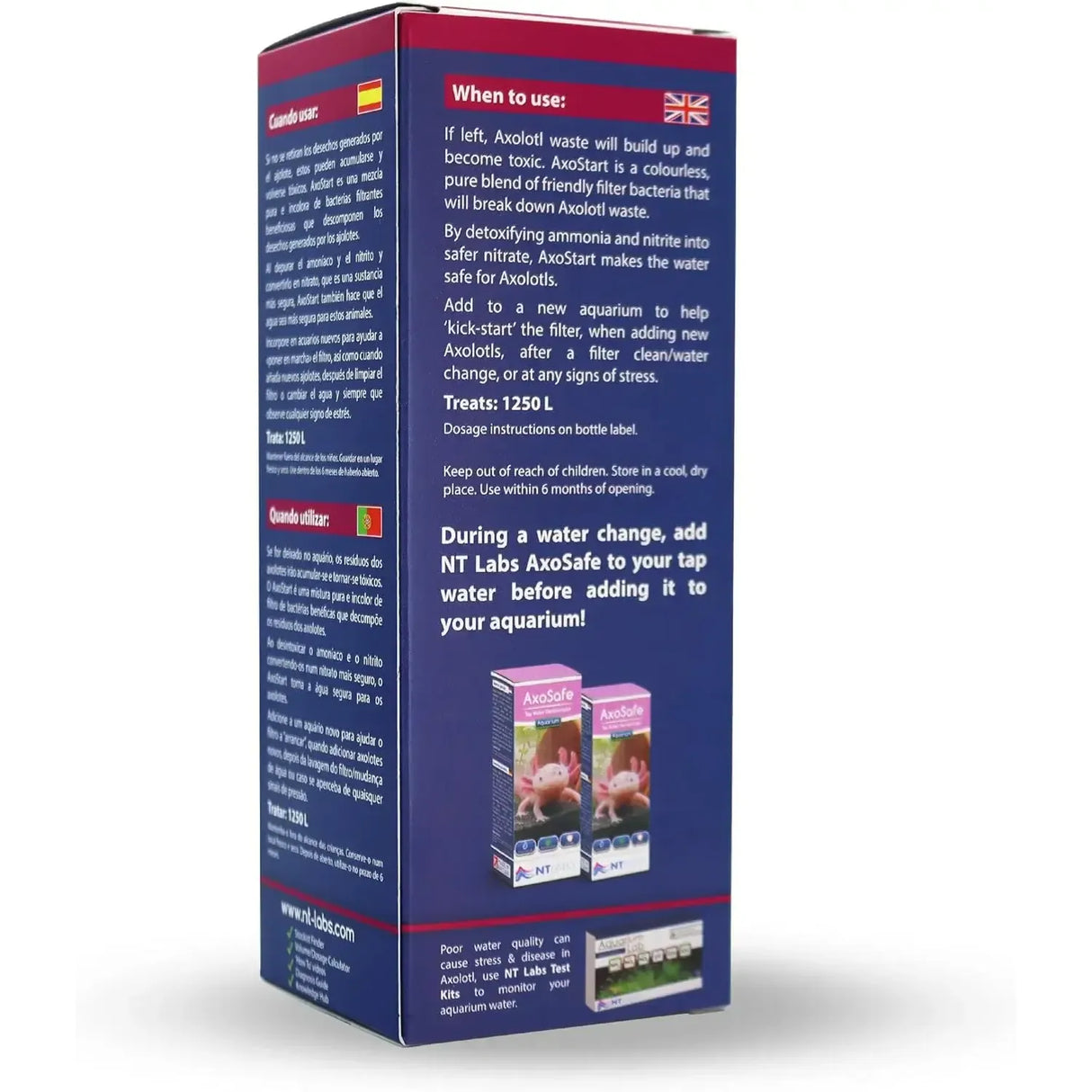 NT Labs AxoStart Bacteria 100ml product packaging displaying usage instructions for Axolotl aquariums.