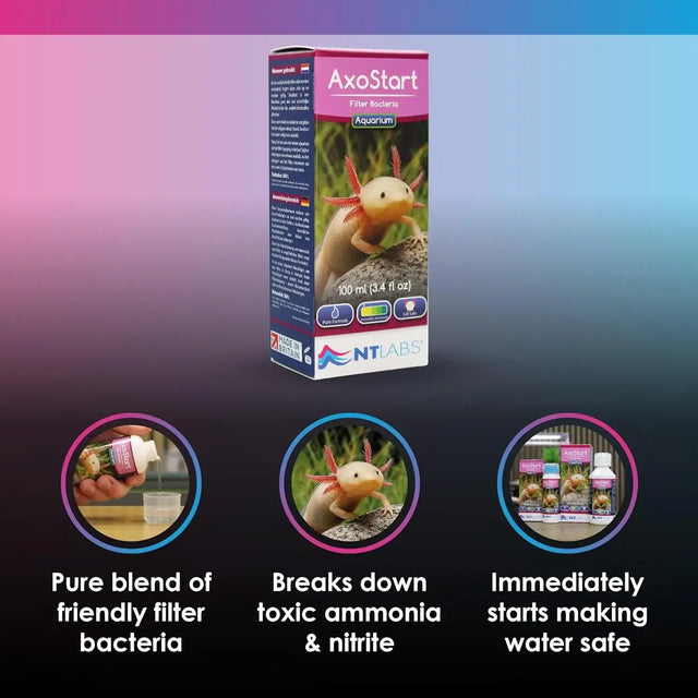 NT Labs AxoStart Bacteria 100ml product packaging with benefits for Axolotl tanks.