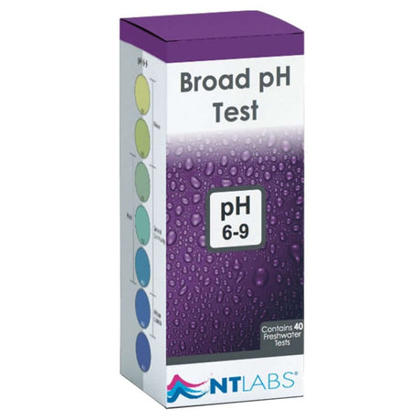 NT Labs Broad pH 6-9 Test Kit for ponds and aquariums, includes 40 tests and liquid reagents.