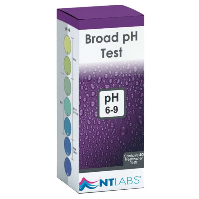 NT Labs Broad pH 6-9 Test Kit for ponds and aquariums, includes 40 tests and liquid reagents.