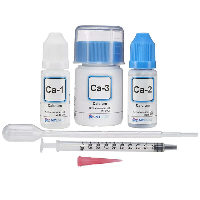 NT Labs Marine Lab Calcium Test Kit with reagents and syringes for accurate calcium testing in reef aquariums.