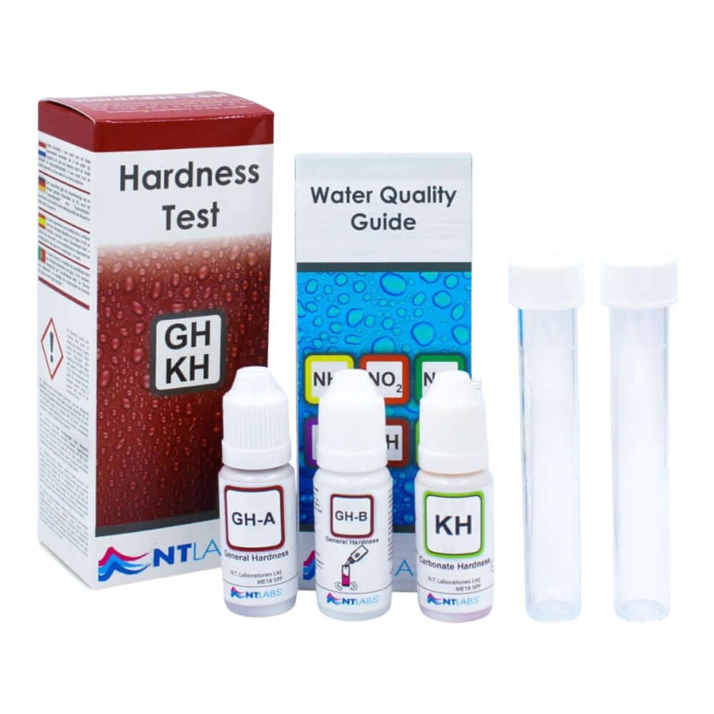 NT Labs GH KH Hardness Test Kit with reagents and test tubes for freshwater aquarium and pond use.