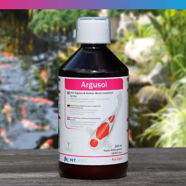 NT Labs Koi Care Argusol 500ml, effective treatment for fish lice and anchor worms in koi.