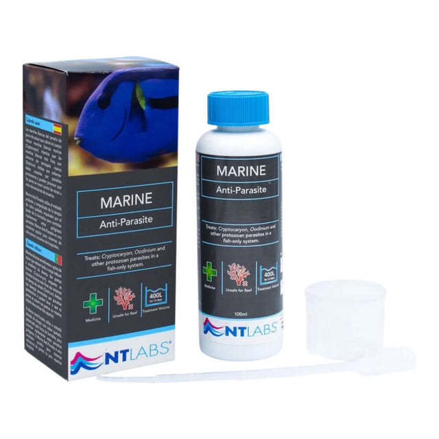 NT Labs Marine Anti Parasite bottle with dosing cup, treats marine white spot and velvet in fish.