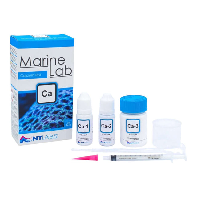 NT Labs Marine Lab Calcium Test Kit for reef aquariums with calcium testing solutions and equipment.