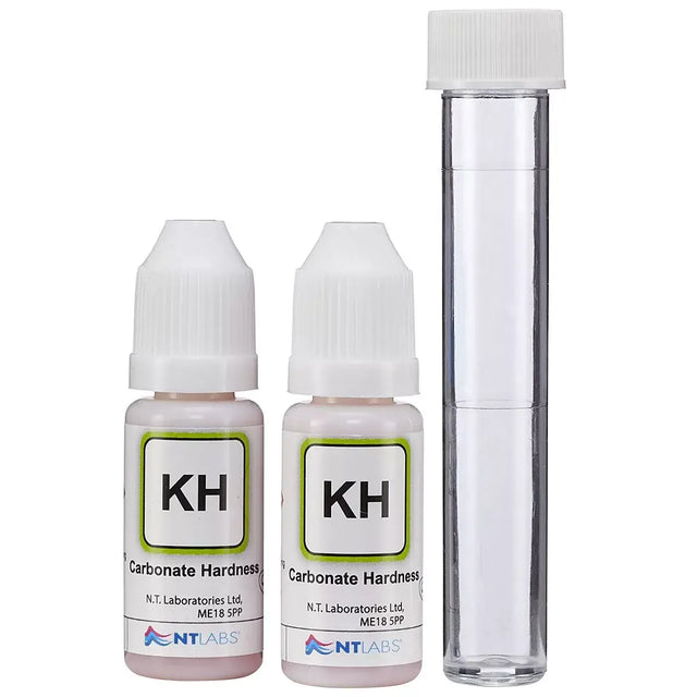 NT Labs Marine Lab KH Alkalinity Test Kit with two bottles and test tube for accurate carbonate hardness measurement.