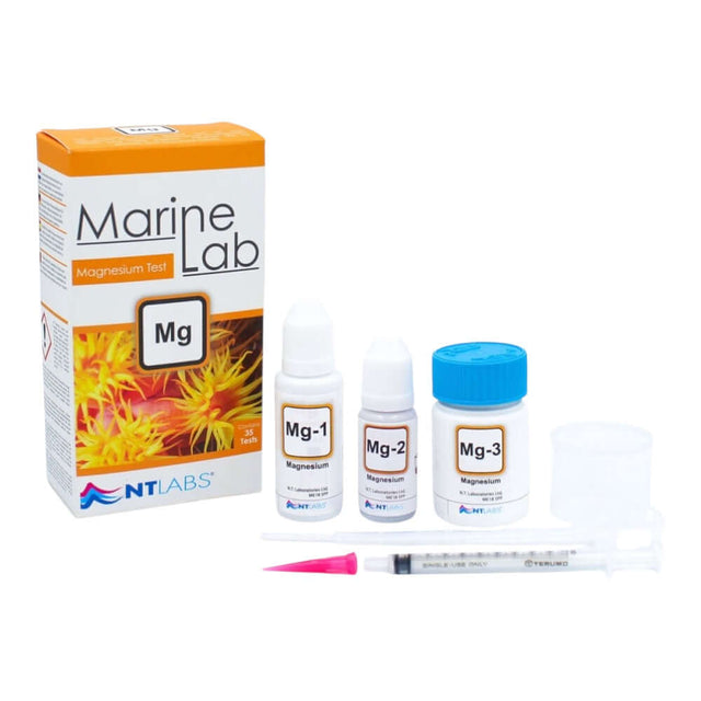 NT Labs Mg Marine Lab Magnesium Test Kit for coral health in reef aquariums, featuring test solutions and syringe.