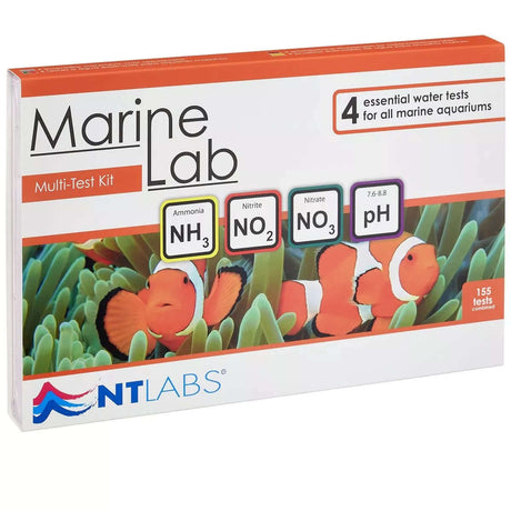 NT Labs Marine Lab Multi Test Kit packaging, featuring tests for ammonia, nitrite, nitrate, and pH for marine aquariums.