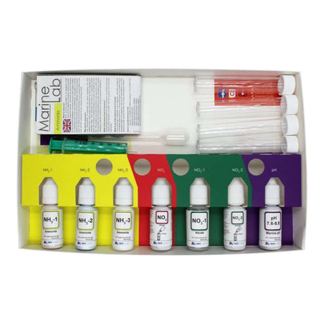 NT Labs Marine Lab Multi Test Kit with liquid reagents for ammonia, nitrite, nitrate, and pH testing.