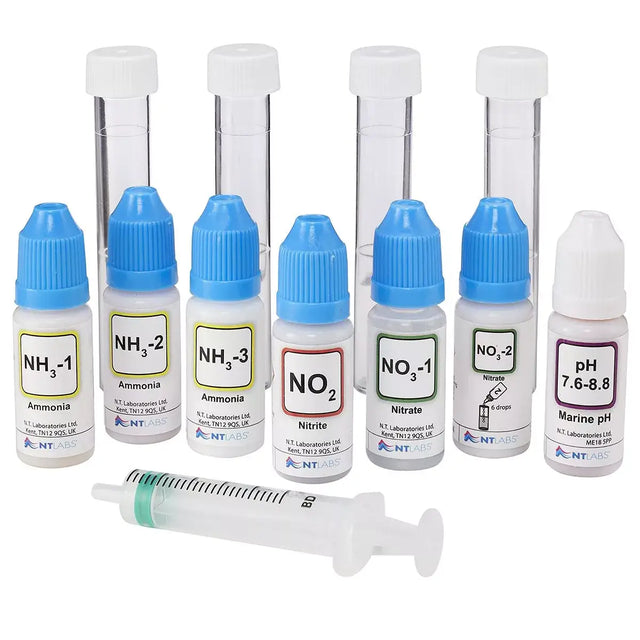 NT Labs Marine Lab Multi Test Kit with liquid reagents for ammonia, nitrite, nitrate, and pH testing for aquariums.