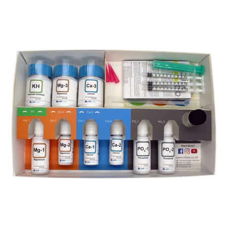 NT Labs Marine Lab Reef Multi Test Kit with bottles for KH, Magnesium, Calcium, and Phosphate testing in aquatic environments.