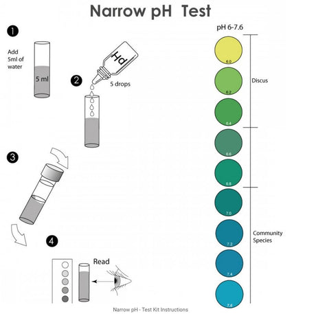 Instructions for NT Labs Narrow pH Test showing steps and pH color chart from 6 to 7.6 for freshwater testing.
