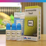 NT Labs Ammonia Test Kit with reagents and test tube for measuring NH3 levels in aquariums and ponds.