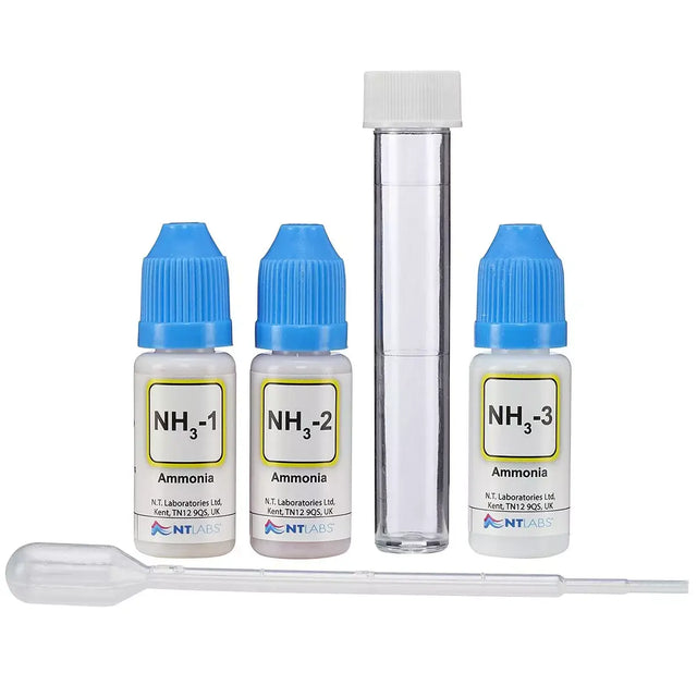 NT Labs NH3 Marine Lab Ammonia Test Kit components including liquid reagents and testing vial for aquarium safety.