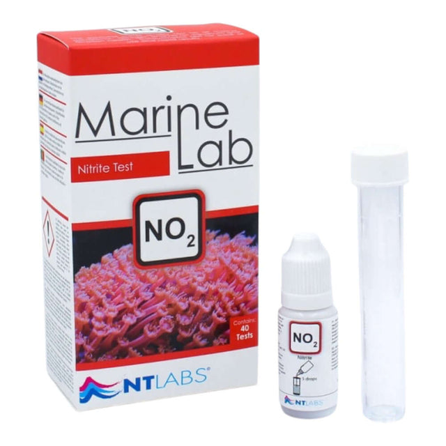 NT Labs No2 Marine Lab Nitrite Test Kit for monitoring aquarium nitrite levels, includes liquid reagent and test tube.