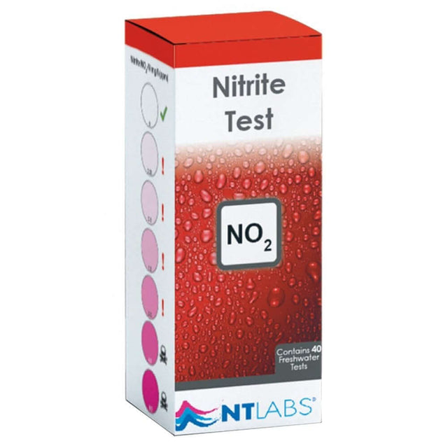 NT Labs No2 Nitrite Test Kit box with liquid reagents for 40 freshwater tests in aquariums and ponds.