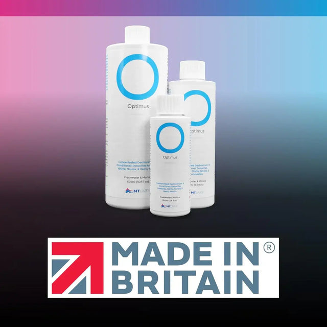 NT Labs Optimus Water Conditioner bottles displayed with Made in Britain logo.
