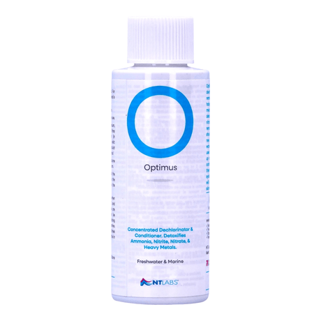 NT Labs Optimus Water Conditioner concentrated dechlorinator for safe aquarium use, detoxifying ammonia, nitrite, nitrate, & heavy metals.