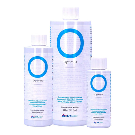 NT Labs Optimus Water Conditioner bottles for detoxifying ammonia, nitrite, nitrate, and heavy metals in aquariums.
