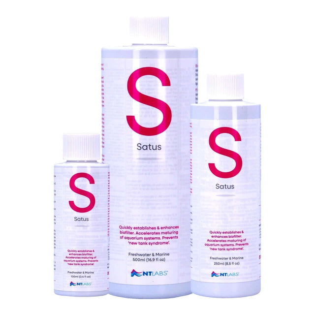 NT Labs Satus Filter Start bottles in three sizes for freshwater and marine aquariums, promoting biofilter maturity.
