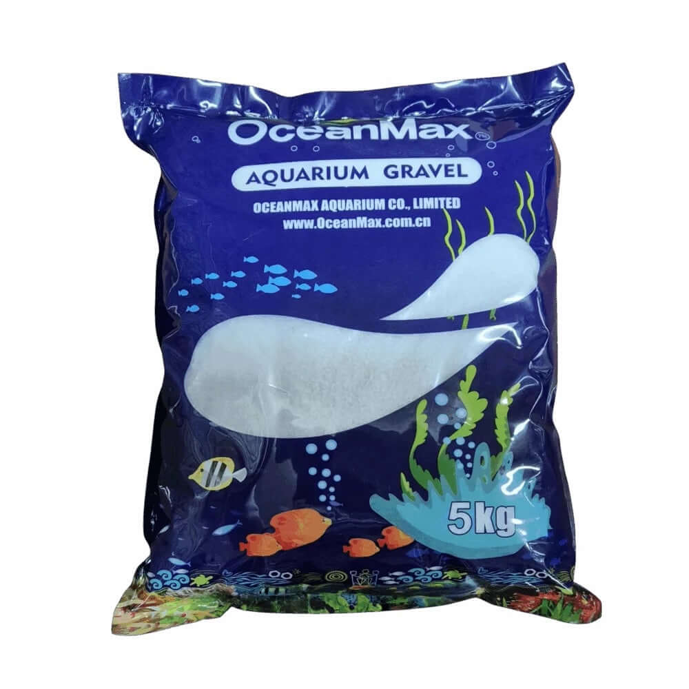 Aquarium White Gravel Fine 5kg packaging by OceanMax for vibrant aquatic environments.