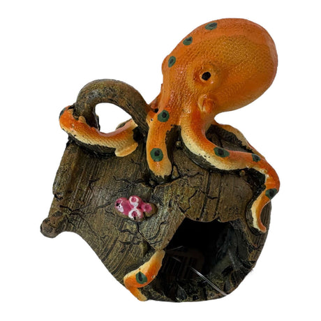 Colorful octopus ornament entwined around a broken jar for aquarium decoration.