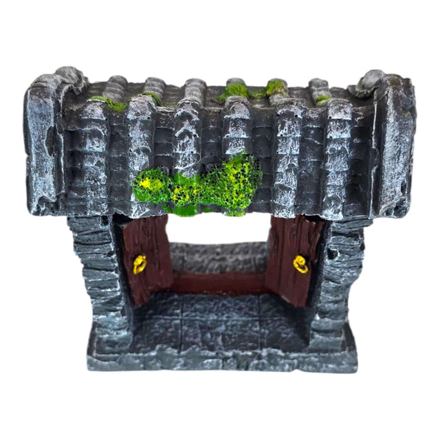 Old China Gate Aquarium Ornament with textured gray stone and wooden doors, ideal for aquariums or dioramas.