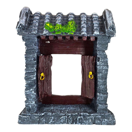 Old China Gate Aquarium Ornament with realistic stone texture and detailed wooden doors for aquatic decor