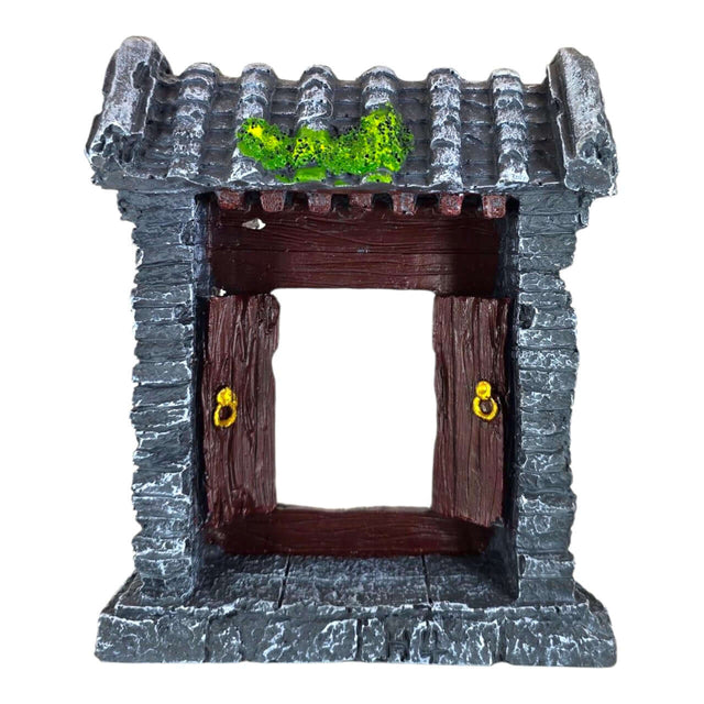 Old China Gate Aquarium Ornament with realistic stone texture and detailed wooden doors for aquatic decor