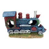 Old Locomotive Ornament in vibrant blue and red, perfect for themed aquariums and railway decor.