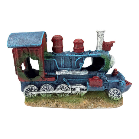 Old Locomotive Ornament in vibrant blue and red, perfect for themed aquariums and railway decor.