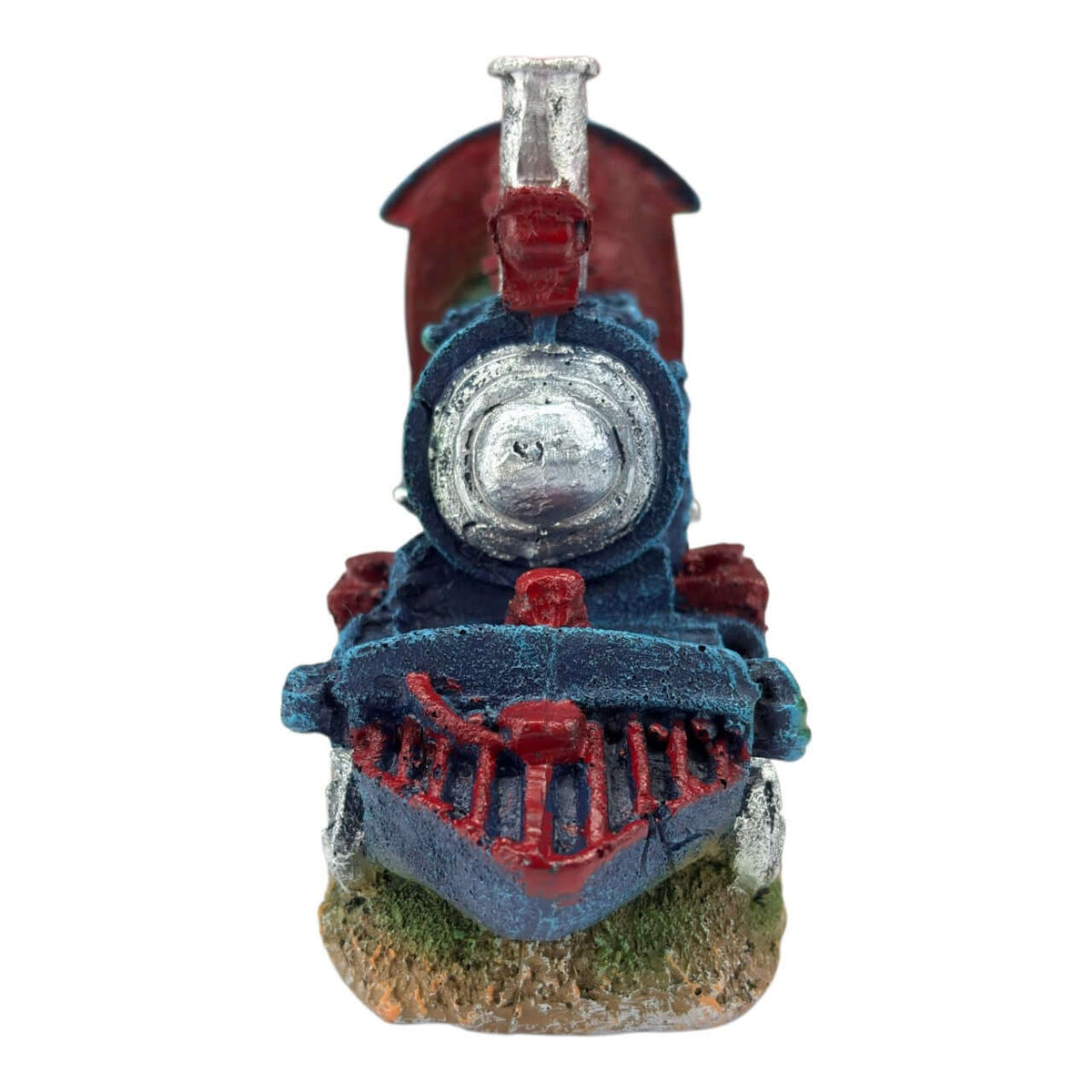 Old Locomotive Ornament showing blue and red details with weathered finish for aquarium display.