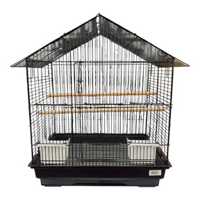 Bird Cage Budgie 48 x 36 x 56cm featuring a classic roof, wooden perches, and front feeding cups.