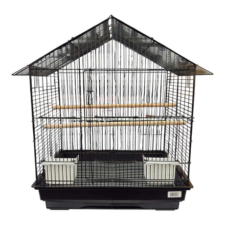 Bird Cage Budgie 48 x 36 x 56cm featuring a classic roof, wooden perches, and front feeding cups.