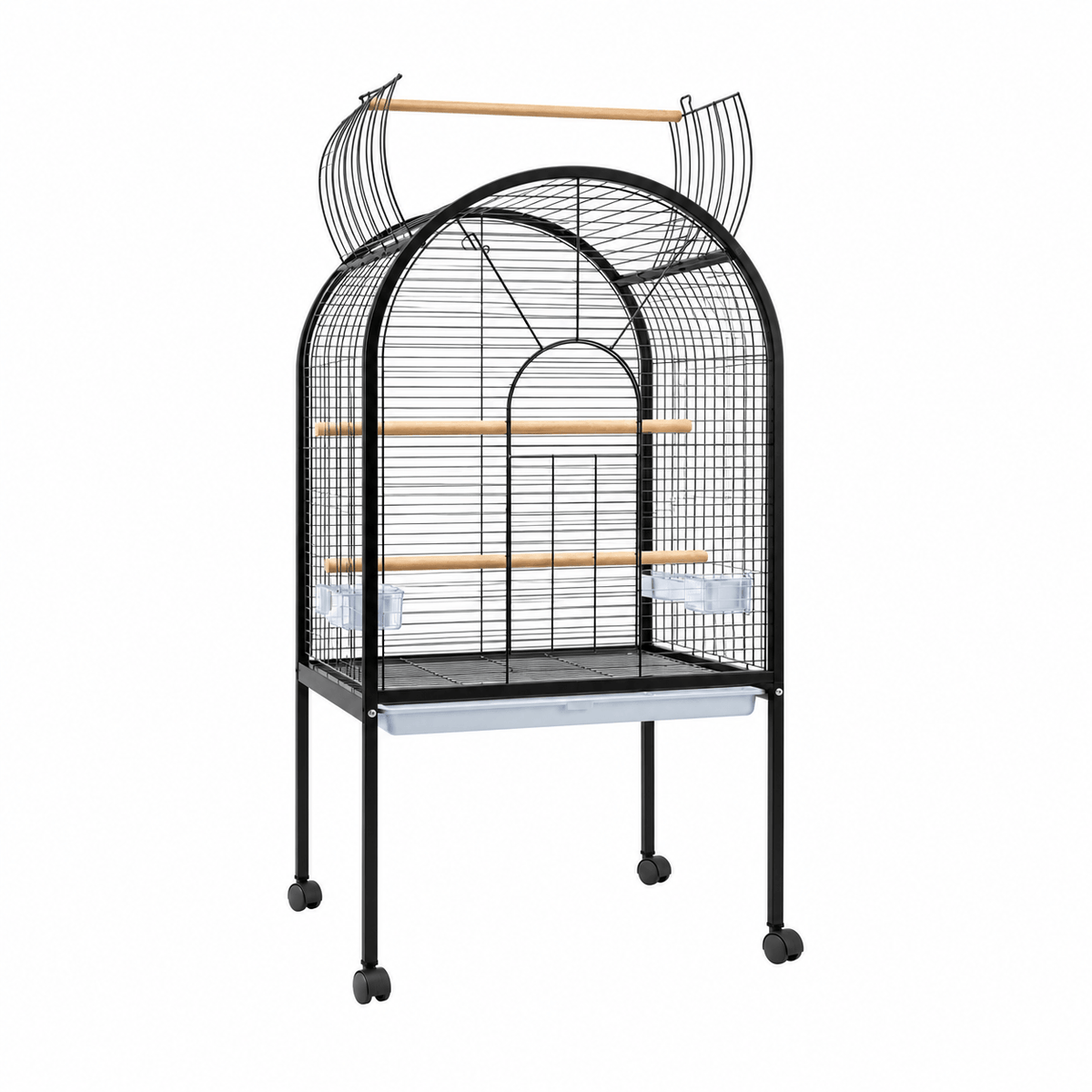 Parrot Cage Black 78 x 60 x 156cm featuring a tall arched enclosure with wooden perches and feeding cups.
