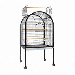 Parrot Cage Black 78 x 60 x 156cm featuring a tall arched enclosure with wooden perches and feeding cups.
