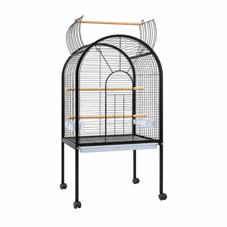 Parrot Cage Black 78 x 60 x 156cm featuring a tall arched enclosure with wooden perches and feeding cups.