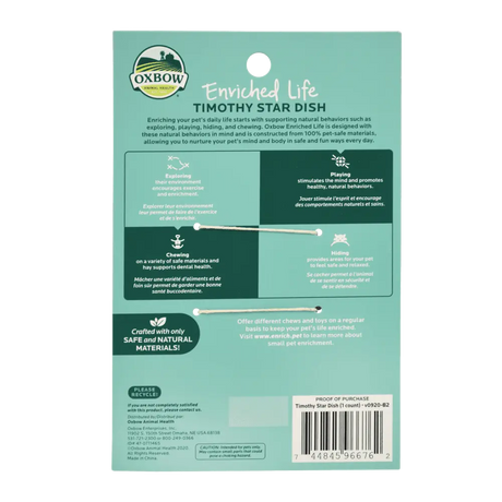 Oxbow Enriched Life Timothy Star Dish packaging promoting pet enrichment and natural behaviors.