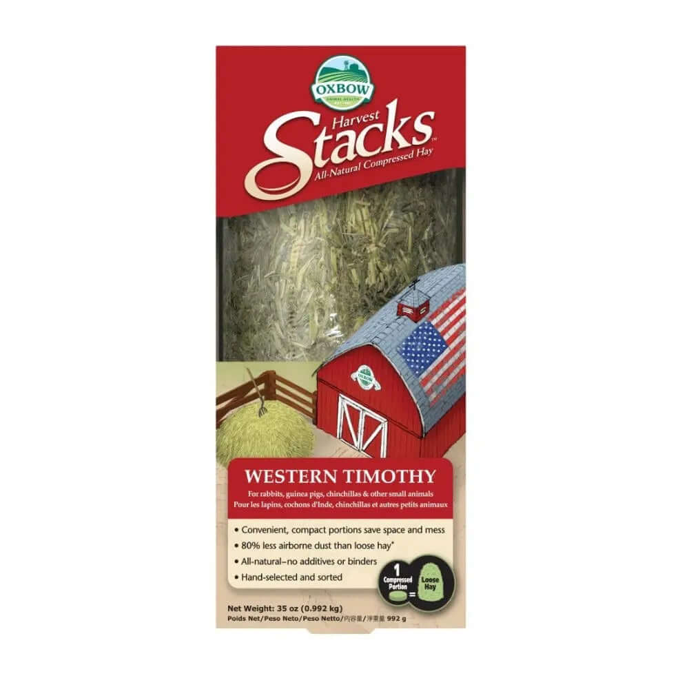 Oxbow Harvest Stacks Western Timothy all-natural hay for small pets like rabbits and guinea pigs.
