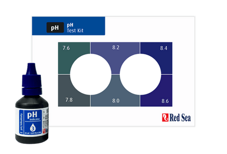 Red Sea MCP pH Alkalinity Test Kit with pH indicator and colorimetric chart for aquarium monitoring.