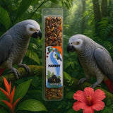 Two parrots beside a Parrot Seed Stick - Berries, a healthy treat for birds in a vibrant jungle setting.