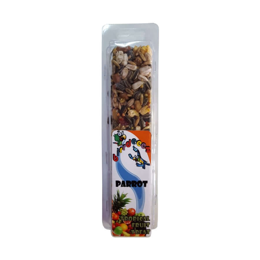 Parrot Seed Stick - Tropical Fruit with colorful packaging, a nutritious treat for birds featuring vibrant tropical flavors.