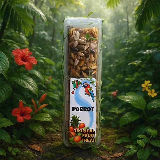 Parrot Seed Stick - Tropical Fruit treat in a vibrant jungle setting, showcasing natural ingredients for birds.