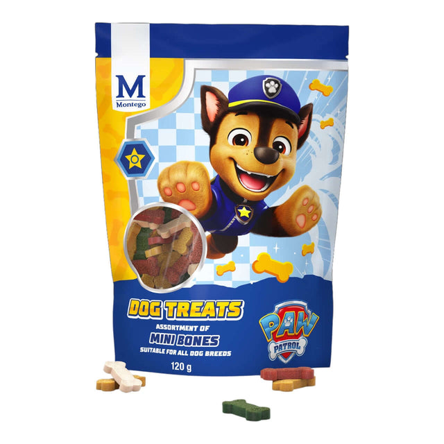 Paw Patrol Assortment Mini Bones dog treats packaging with mini bone shapes for dogs.