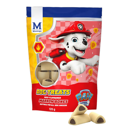 Paw Patrol Beef Marrow Bones dog treats bag featuring a cartoon dog character, perfect for rewarding dogs.