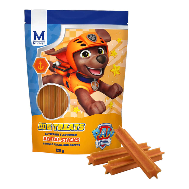 Paw Patrol Butternut Dental Sticks in packaging, promoting dog dental health with tasty butternut flavor.