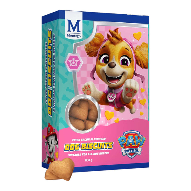 Paw Patrol Dog Biscuits 800g packaging featuring a playful dog character and tasty treats.