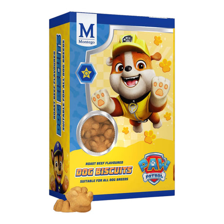 Paw Patrol Dog Biscuits 800g pack featuring roast beef flavored treats for all dog breeds.