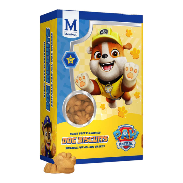 Paw Patrol Dog Biscuits 800g pack featuring roast beef flavored treats for all dog breeds.