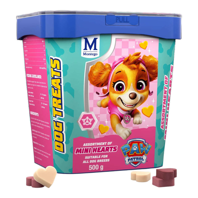 Paw Patrol Assortment Mini Hearts dog treats in a colorful container with a cartoon character.